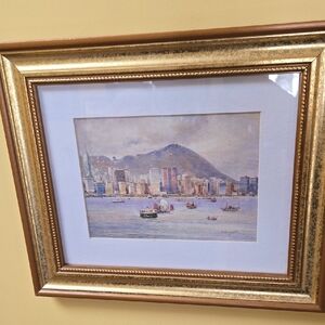 Framed watercolor print of the Hong Kong cityscape by Chan Ka Yee